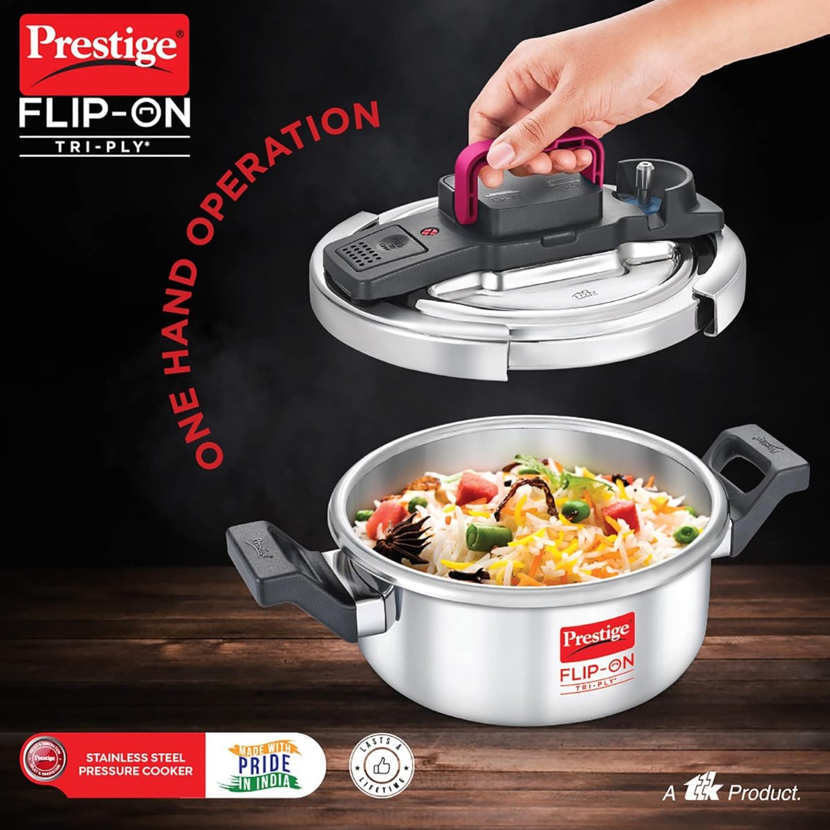 Prestige FLIP-ON TRI-PLY Stainless Steel 2L Pressure Cooker with Glass Lid