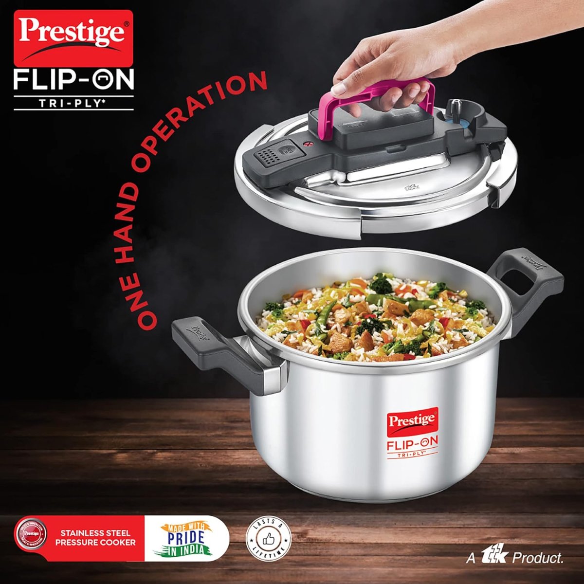 Prestige FLIP-ON TRI-PLY Stainless Steel 5L Pressure Cooker with Glass Lid