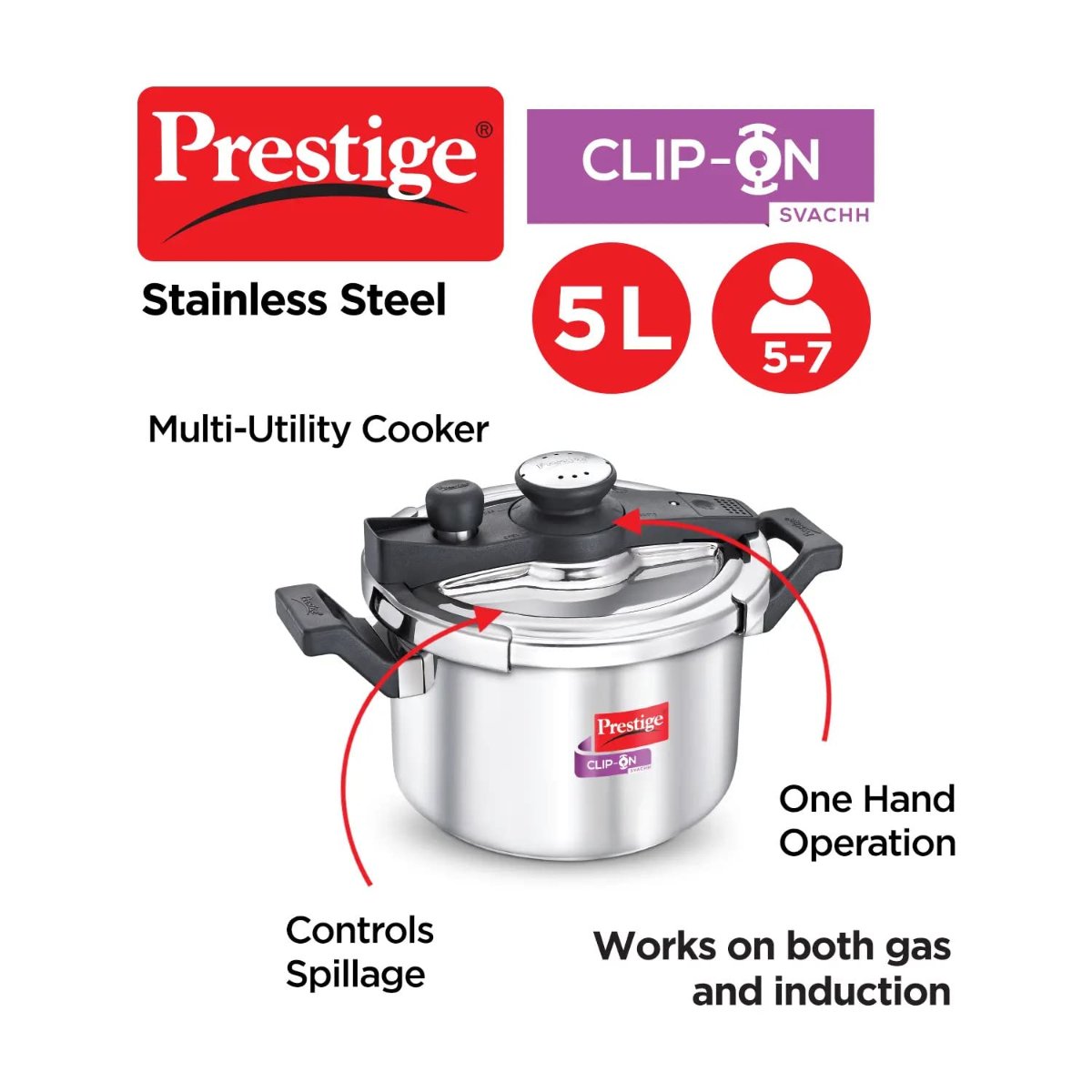 Prestige Clip On Savchh Stainless Steel 5 Litre Pressure Cooker - 20230