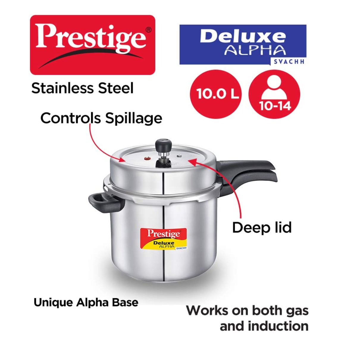 Prestige Deluxe Alpha Svachh Stainless Steel 10L Pressure Cooker - 20254