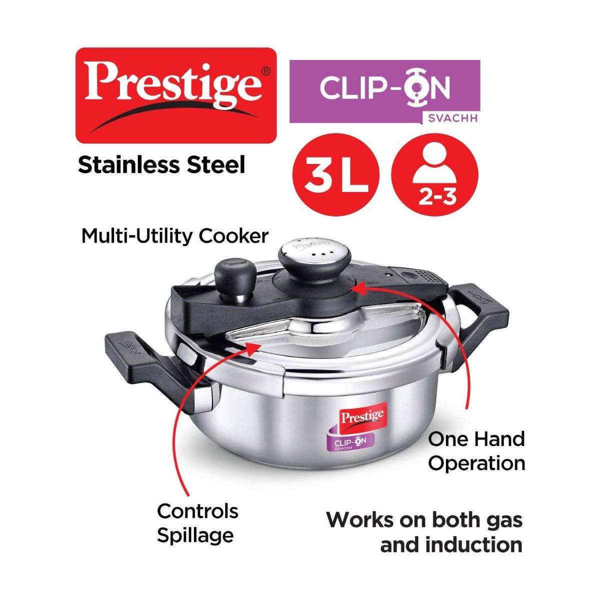 Prestige Clip On Savchh Stainless Steel 3 Litre Pressure Cooker - 20229