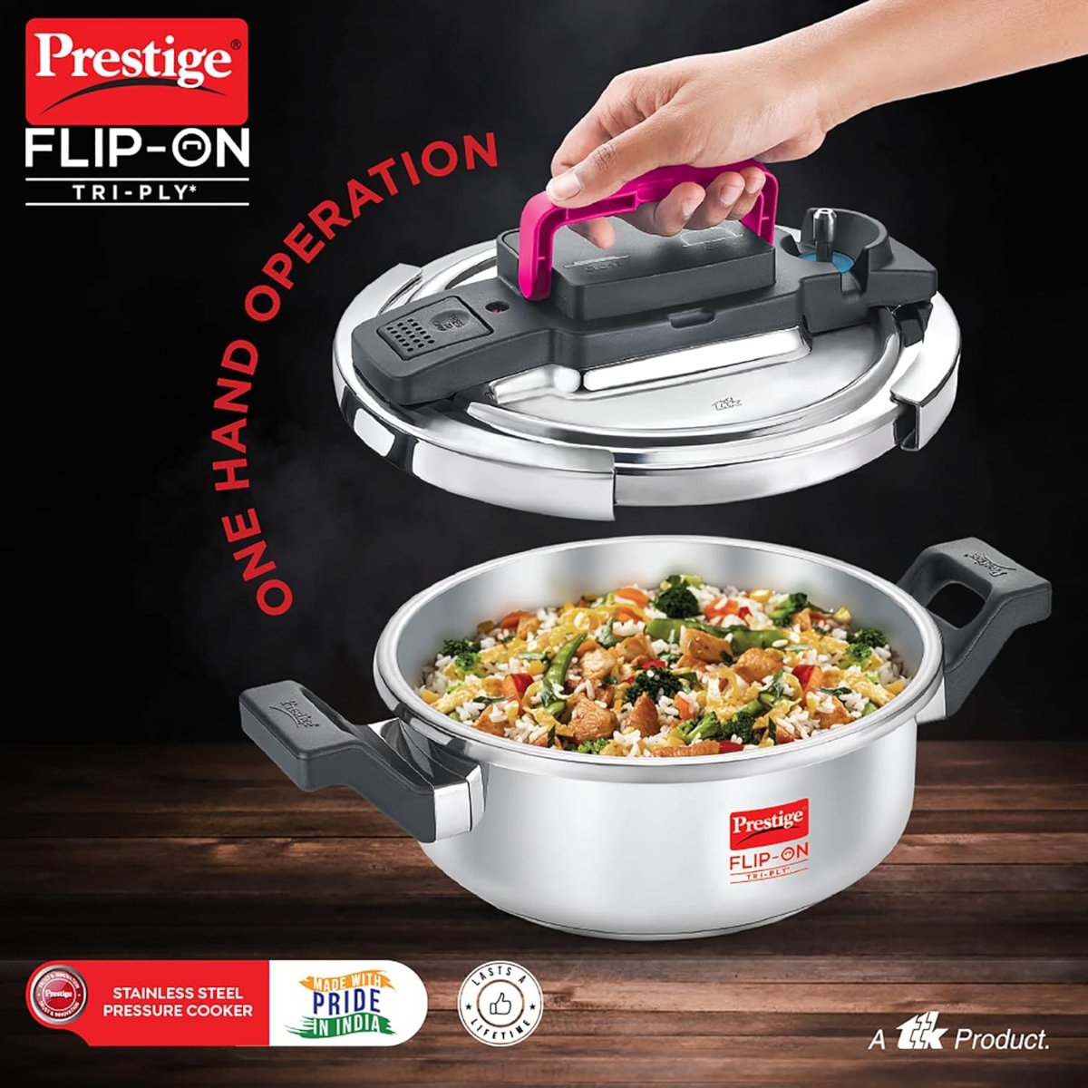 Prestige FLIP-ON TRI-PLY Stainless Steel 3L Pressure Cooker with Glass Lid