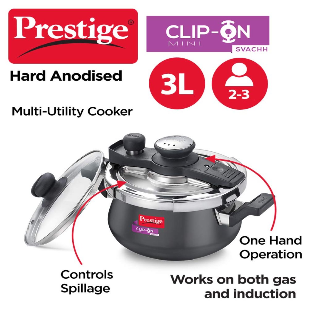 Prestige Clip On Mini Savchh Hard Anodised 3L Handi Pressure Cooker - 20238