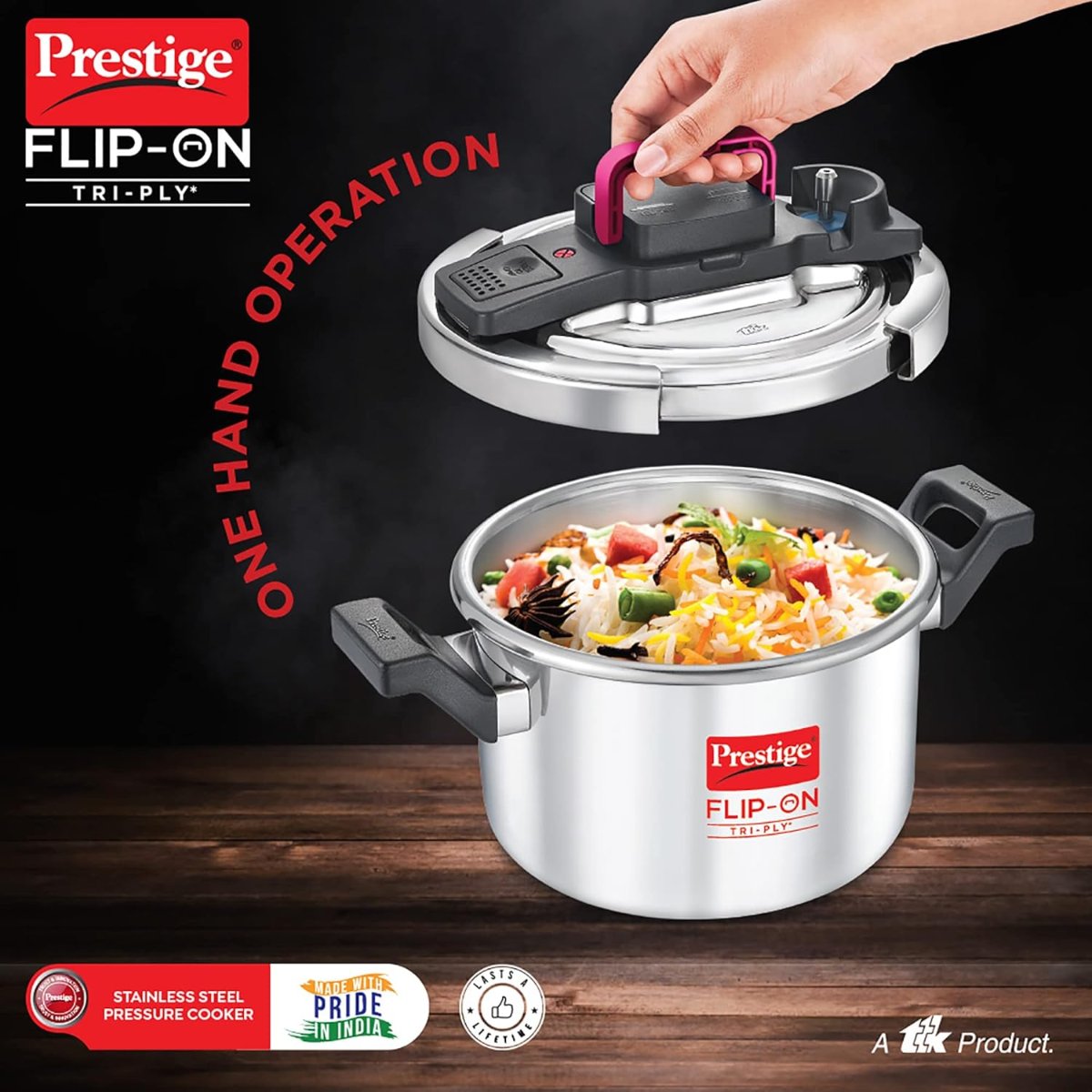 Prestige FLIP-ON TRI-PLY Stainless Steel 3L Pressure Cooker with Glass Lid