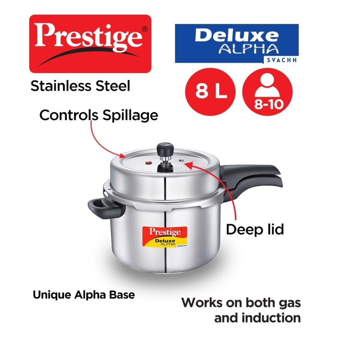 Prestige Deluxe Alpha Svachh Stainless Steel 8L Pressure Cooker - 20253