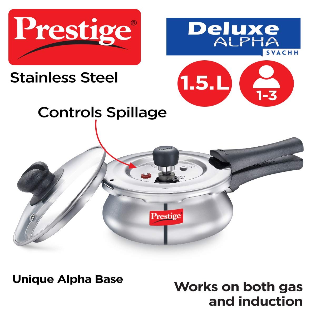 Prestige 1.5L Deluxe Alpha Svachh Stainless Steel Pressure Cooker - 20265