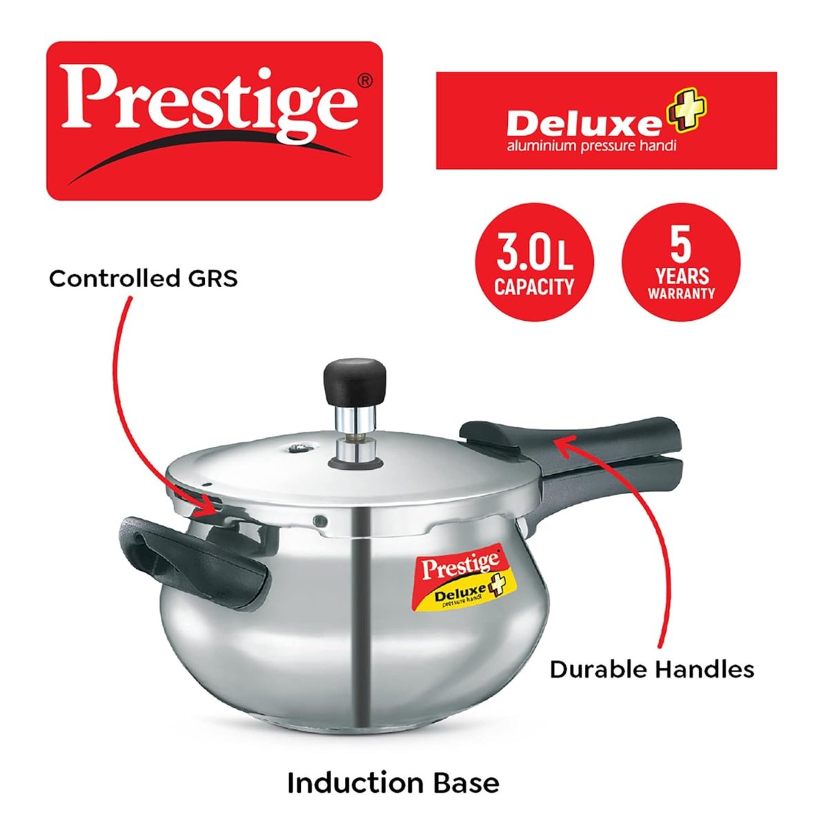 Prestige Deluxe Plus Aluminum 3L Mini Handi Pressure Cooker, Outer Lid - 10793