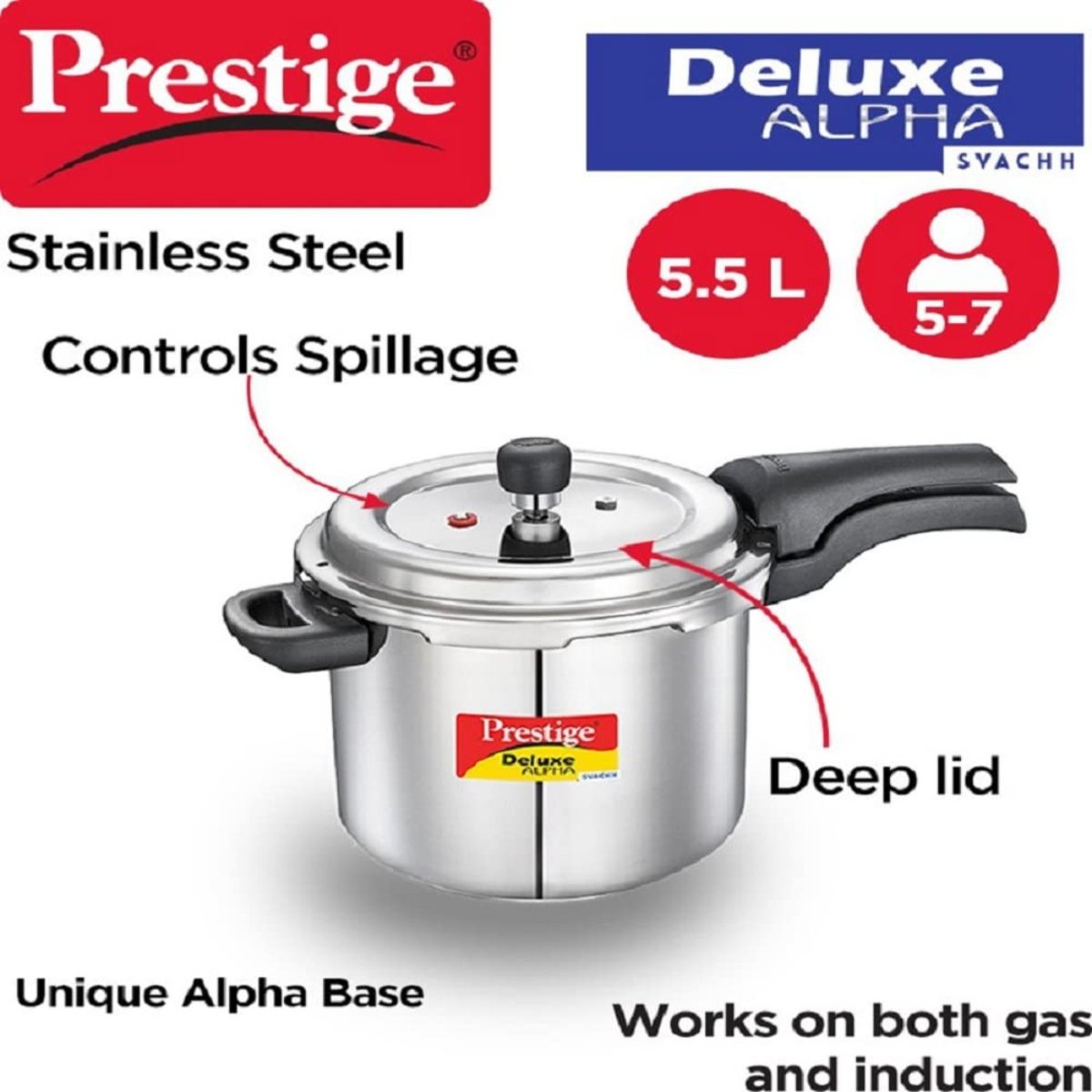 Prestige Deluxe Alpha Svachh Stainless Steel 5.5L Pressure Cooker - 20251