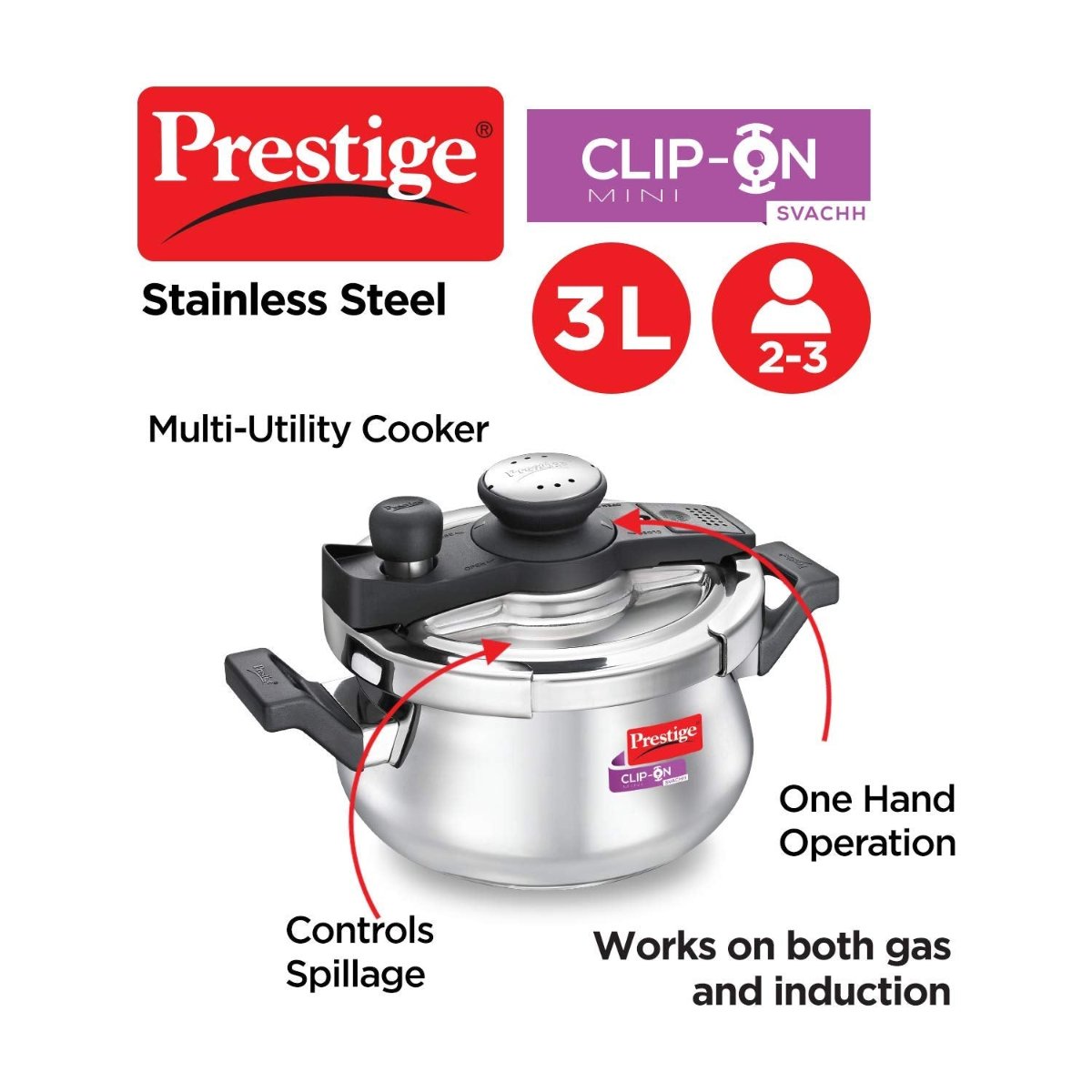 Prestige Clip On Mini Savchh Stainless Steel 3L Handi Pressure Cooker- 20236