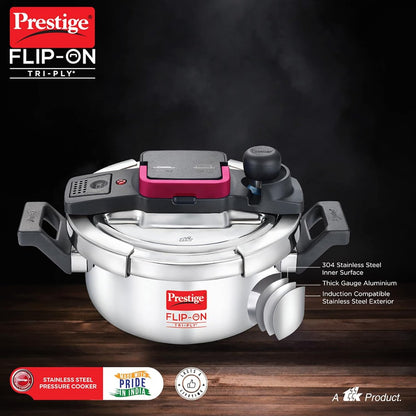 Prestige FLIP-ON TRI-PLY Stainless Steel 2L Pressure Cooker with Glass Lid