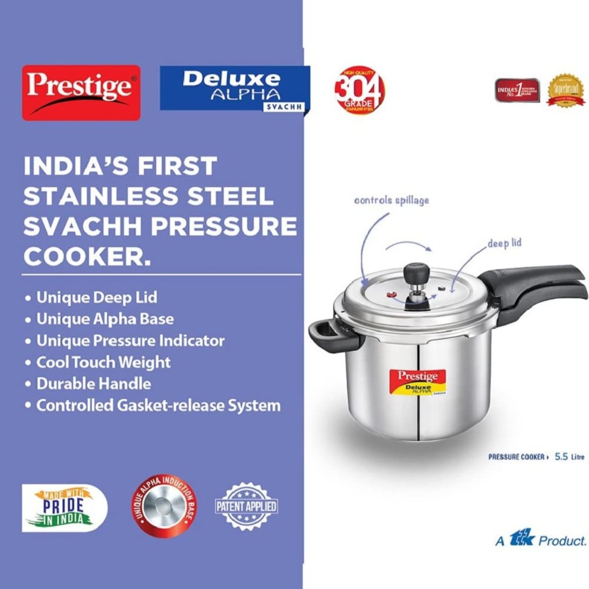 Prestige Deluxe Alpha Svachh Stainless Steel 5.5L Pressure Cooker - 20251