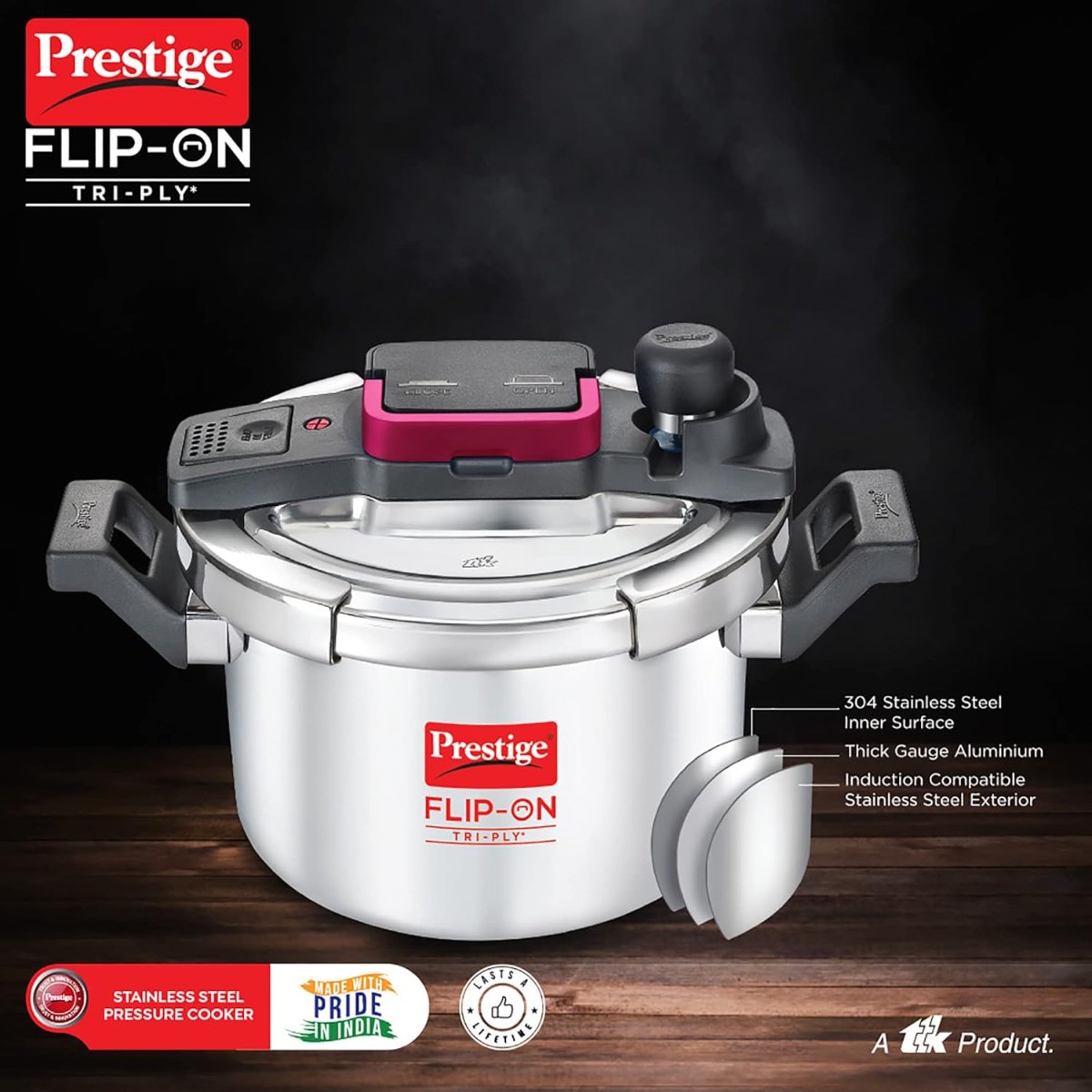 Prestige FLIP-ON TRI-PLY Stainless Steel 3L Pressure Cooker with Glass Lid