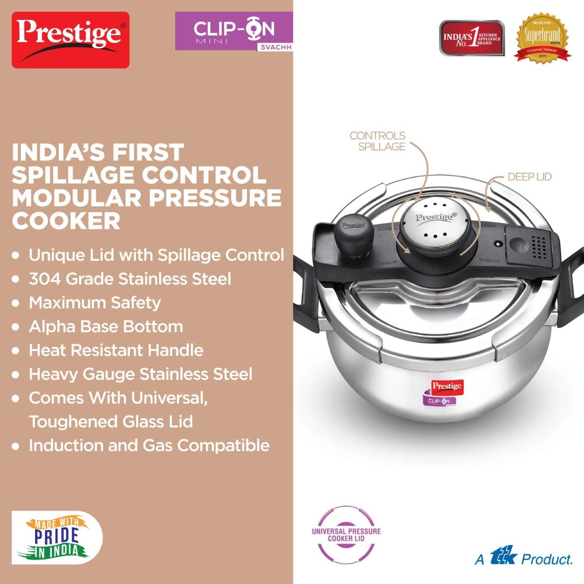 Prestige Clip On Mini Savchh Stainless Steel 3L Handi Pressure Cooker- 20236