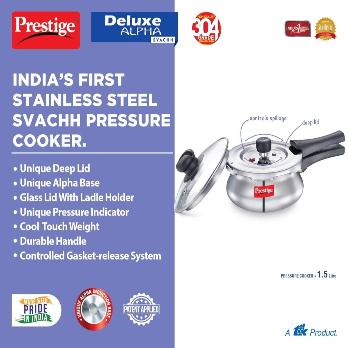 Prestige 1.5L Deluxe Alpha Svachh Stainless Steel Pressure Cooker - 20265