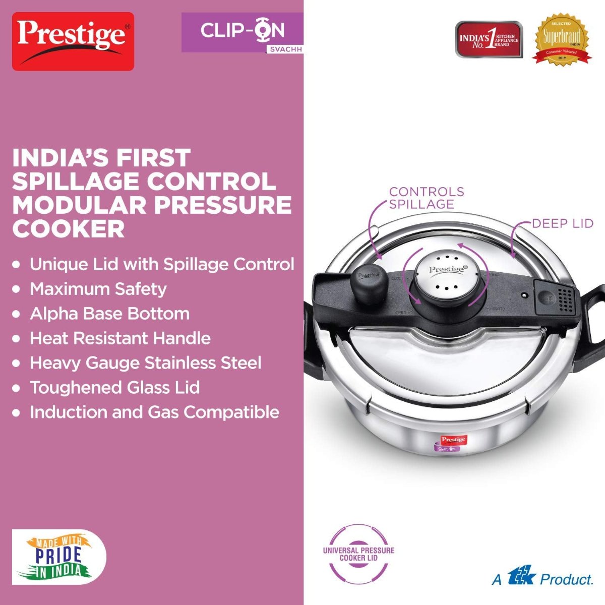 Prestige Clip On Savchh Stainless Steel 3 Litre Pressure Cooker - 20229