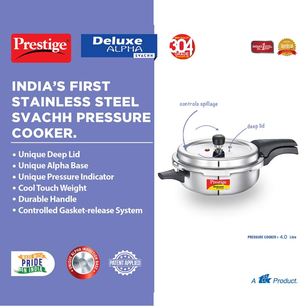 Prestige 4L Deluxe Alpha Svachh Stainless Steel Senior Pressure Pan - 20256