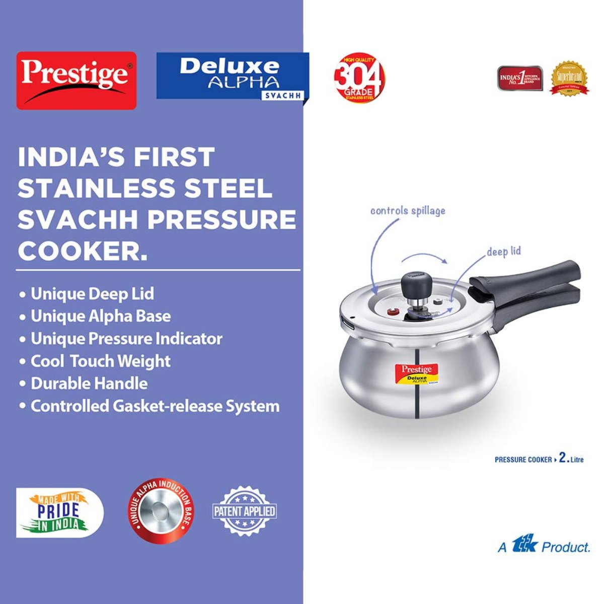 Prestige Deluxe Alpha Svachh Stainless Steel 2L Handi Pressure Cooker- 20266