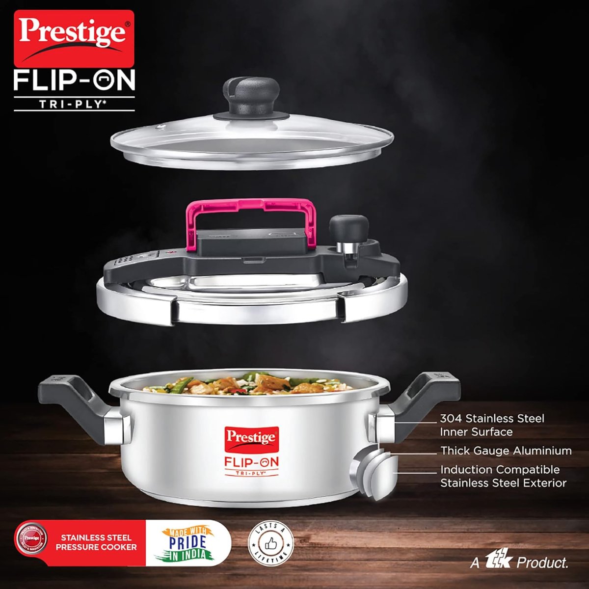 Prestige FLIP-ON TRI-PLY Stainless Steel 3L Pressure Cooker with Glass Lid