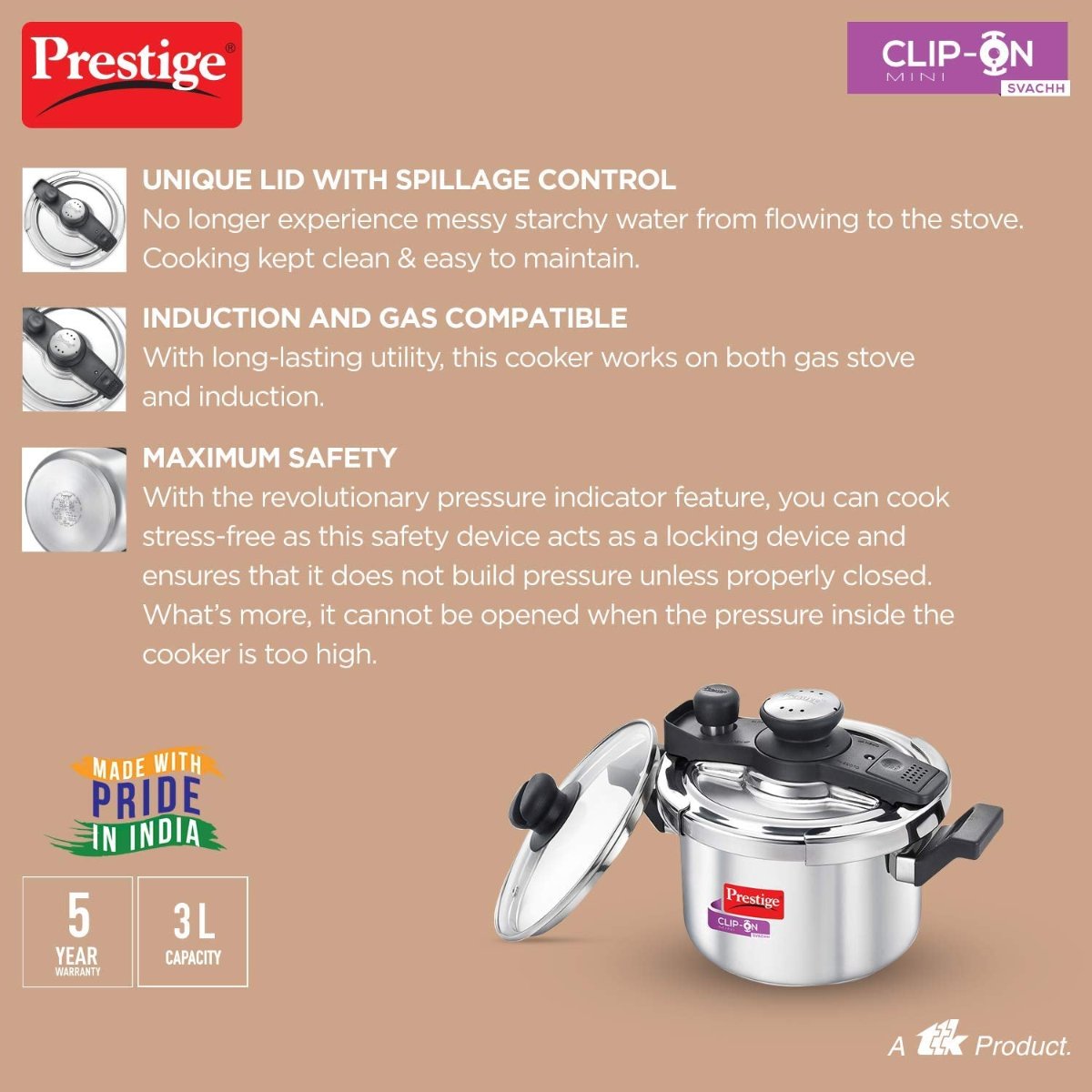 Prestige Clip On Mini Savchh Stainless Steel 3 Liter Pressure Cooker - 20231