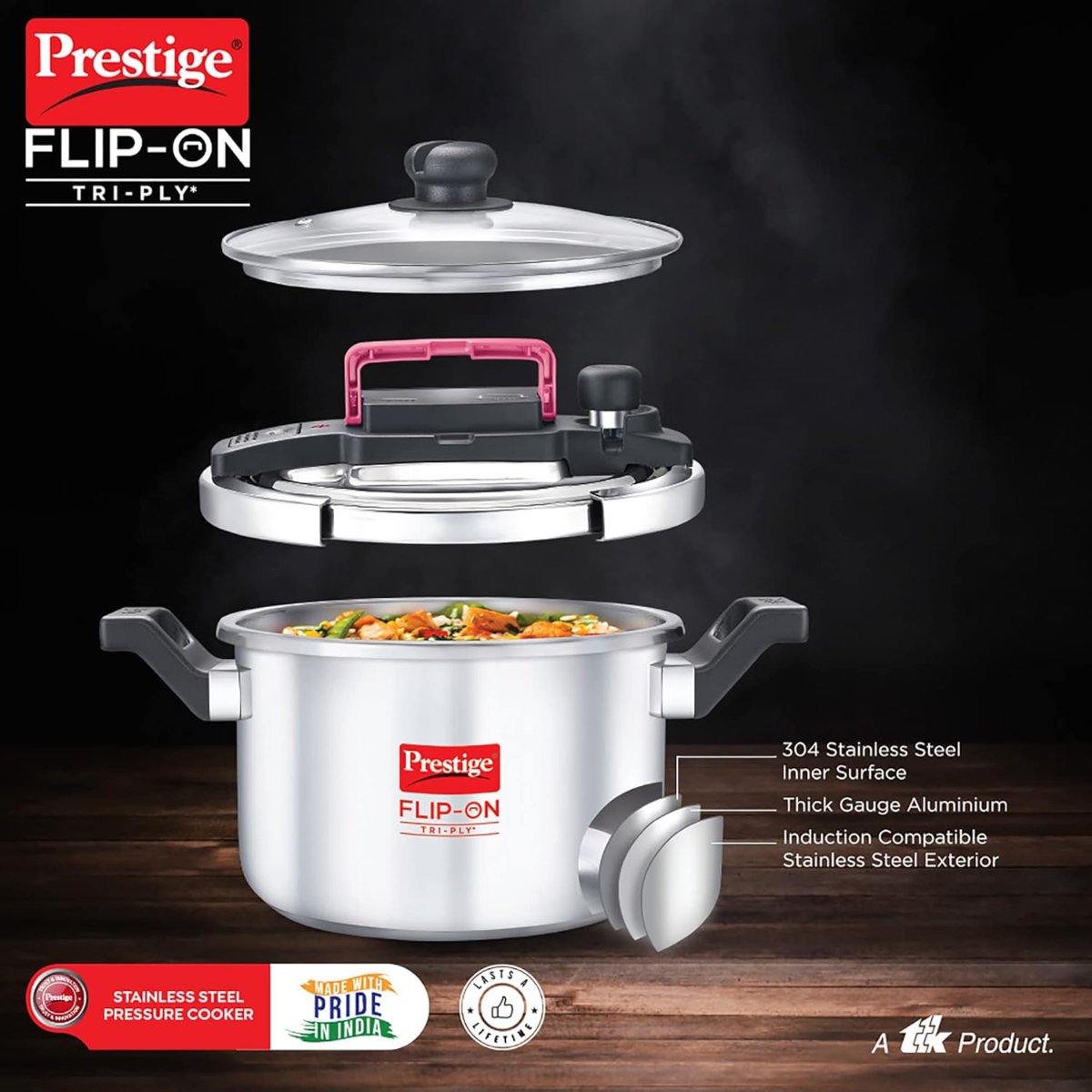 Prestige FLIP-ON TRI-PLY Stainless Steel 5L Pressure Cooker with Glass Lid