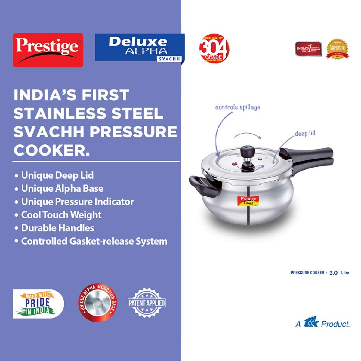 Prestige Deluxe Alpha Svachh Stainless Steel 3L Handi Pressure Cooker- 20267