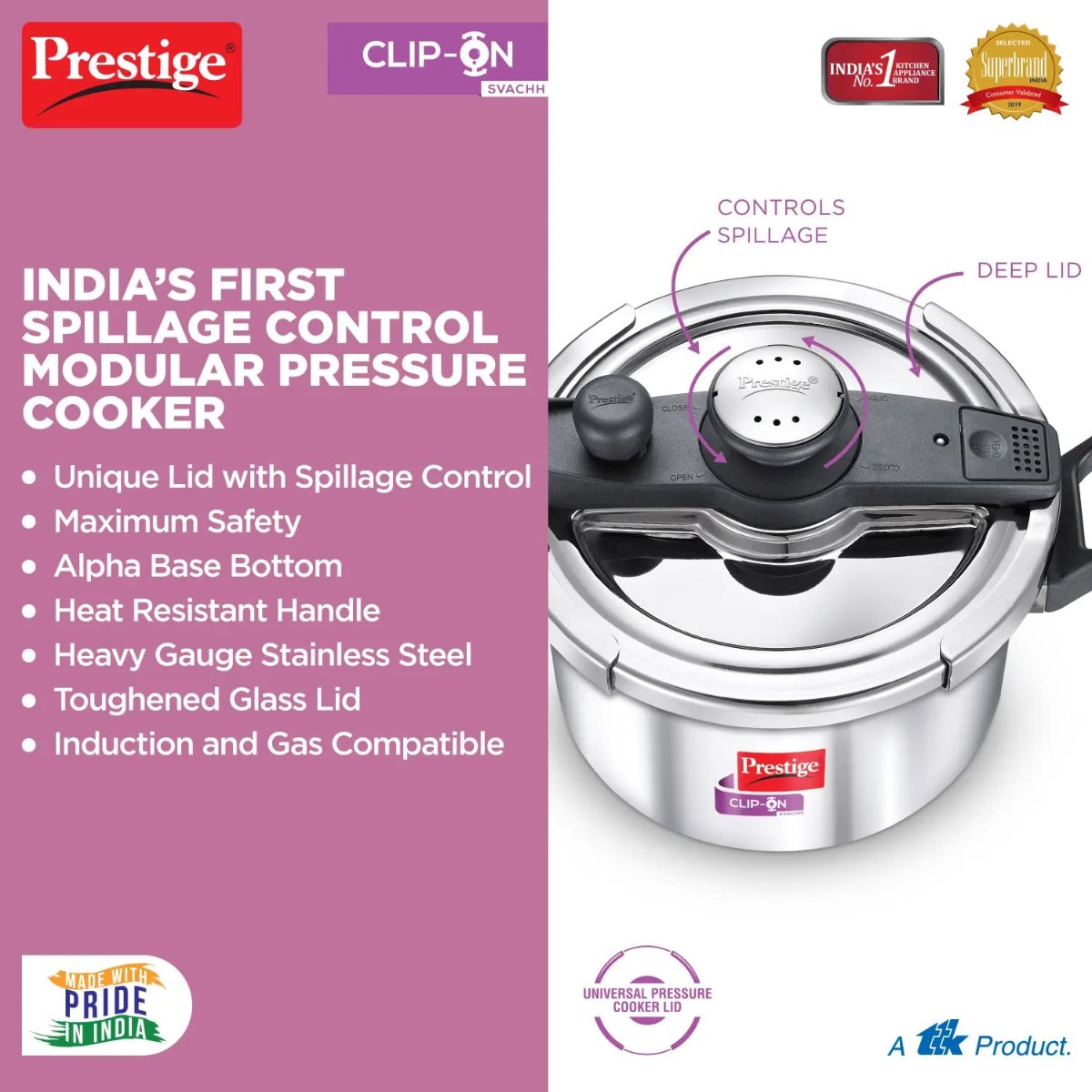 Prestige Clip On Savchh Stainless Steel 5 Litre Pressure Cooker - 20230