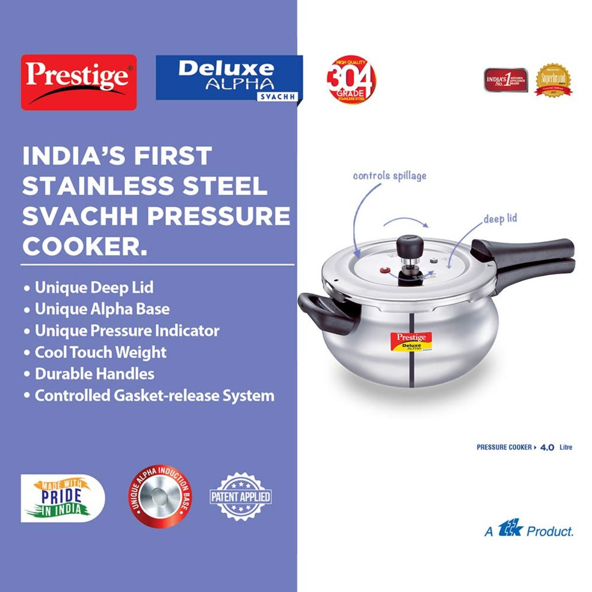 Prestige Deluxe Alpha Svachh Stainless Steel 4L Handi Pressure Cooker- 20268