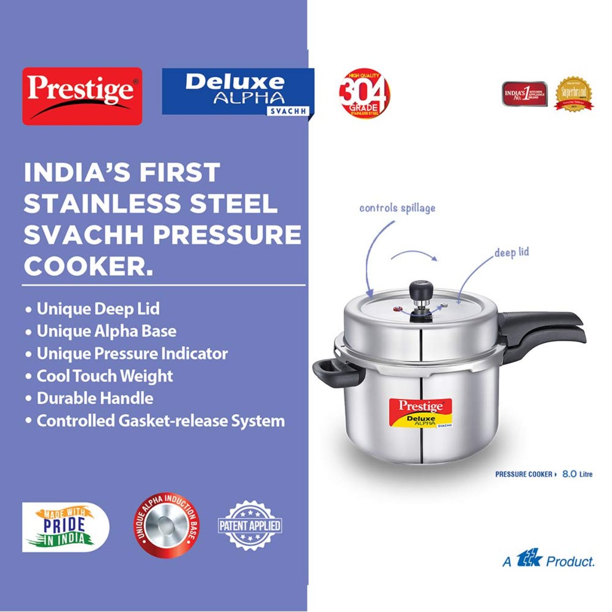 Prestige Deluxe Alpha Svachh Stainless Steel 8L Pressure Cooker - 20253