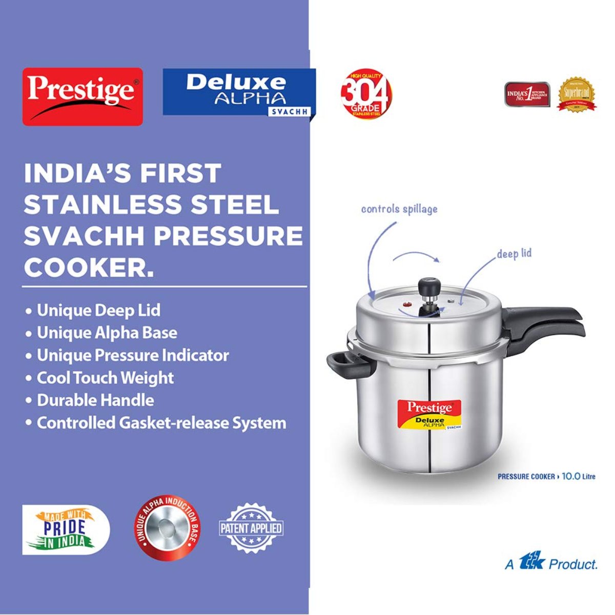 Prestige Deluxe Alpha Svachh Stainless Steel 10L Pressure Cooker - 20254