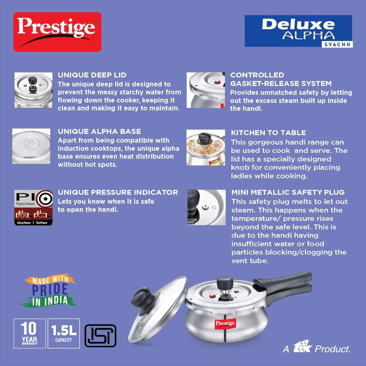 Prestige 1.5L Deluxe Alpha Svachh Stainless Steel Pressure Cooker - 20265