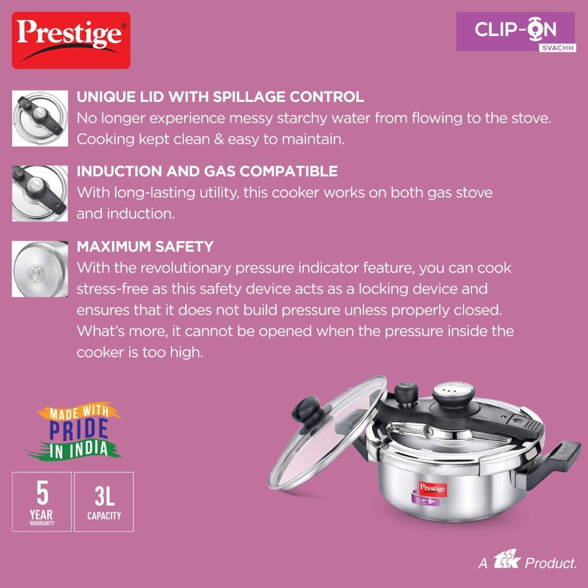 Prestige Clip On Savchh Stainless Steel 3 Litre Pressure Cooker - 20229