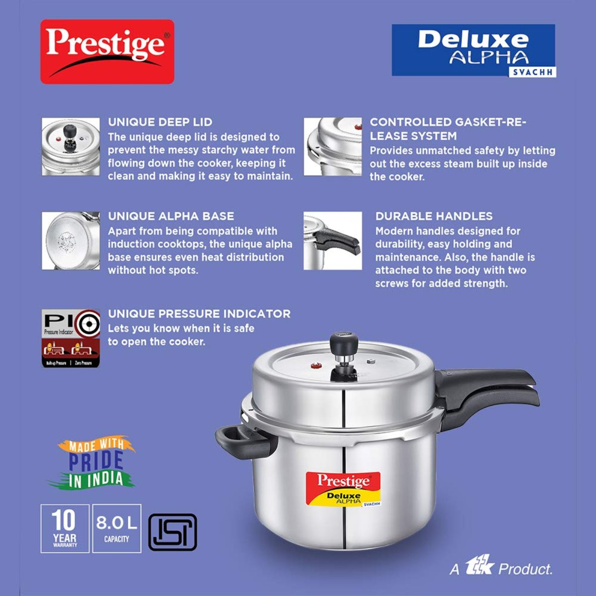 Prestige Deluxe Alpha Svachh Stainless Steel 8L Pressure Cooker - 20253