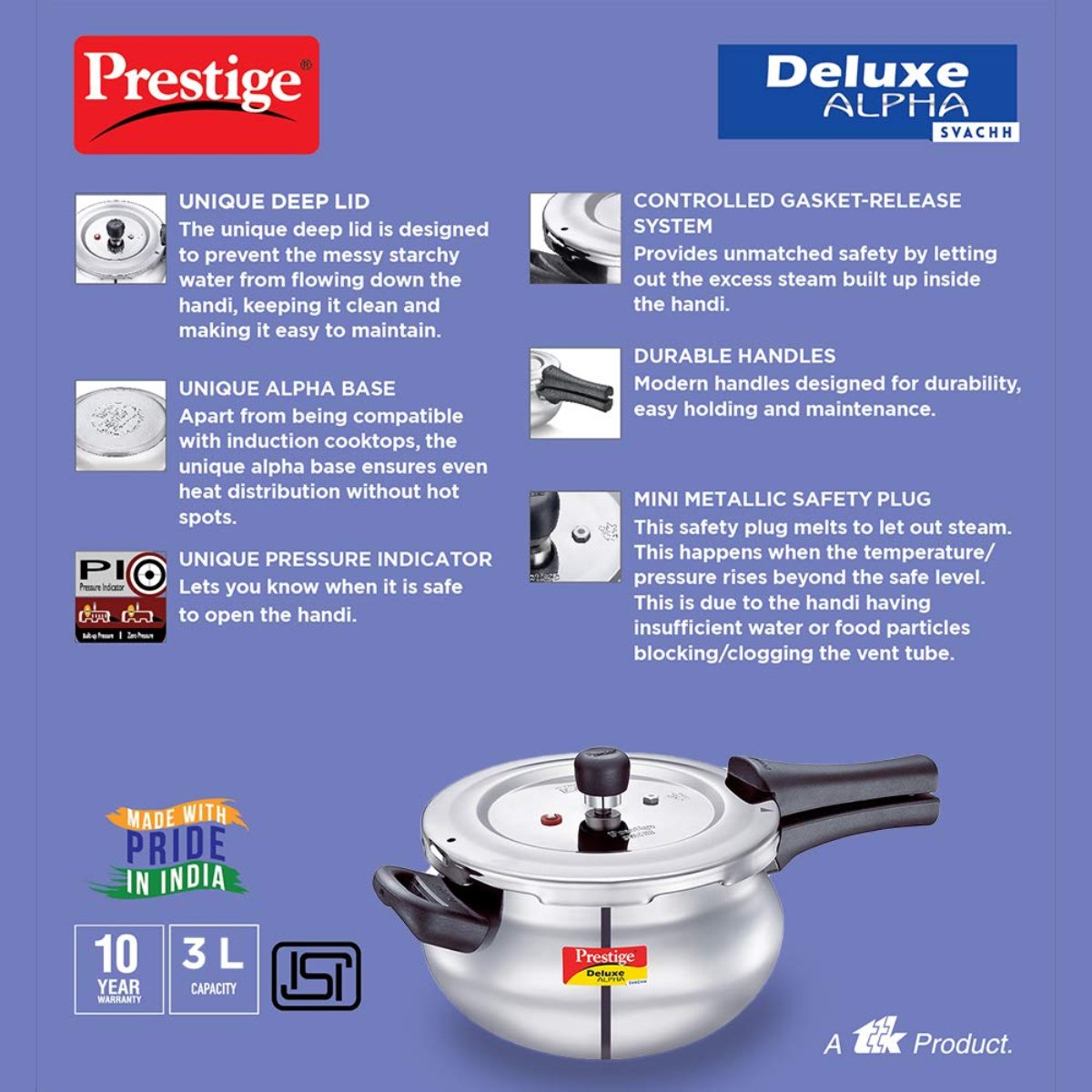 Prestige Deluxe Alpha Svachh Stainless Steel 3L Handi Pressure Cooker- 20267