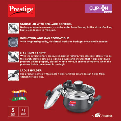 Prestige Clip On Mini Savchh Hard Anodised 3L Handi Pressure Cooker - 20238