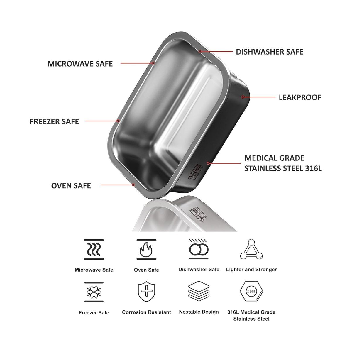 Joyo MaxSafe - India's First 100% Microwave Safe Stainless Steel Leakproof Food Storage Container - 1200ML, Rectangle - 2504