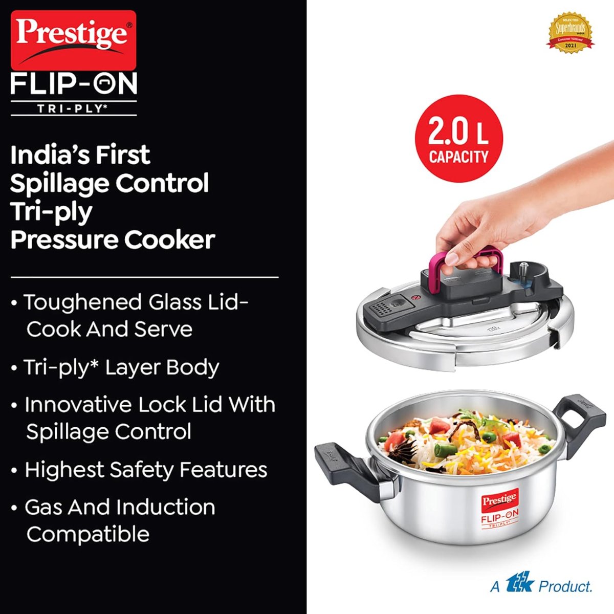 Prestige FLIP-ON TRI-PLY Stainless Steel 2L Pressure Cooker with Glass Lid