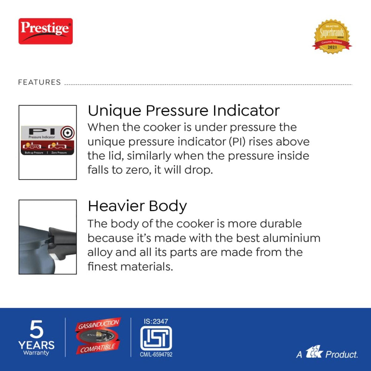 Prestige Deluxe Plus Hard Anodised 5L Junior Handi Pressure Cooker - 20143