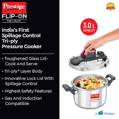 Prestige FLIP-ON TRI-PLY Stainless Steel 3L Pressure Cooker with Glass Lid