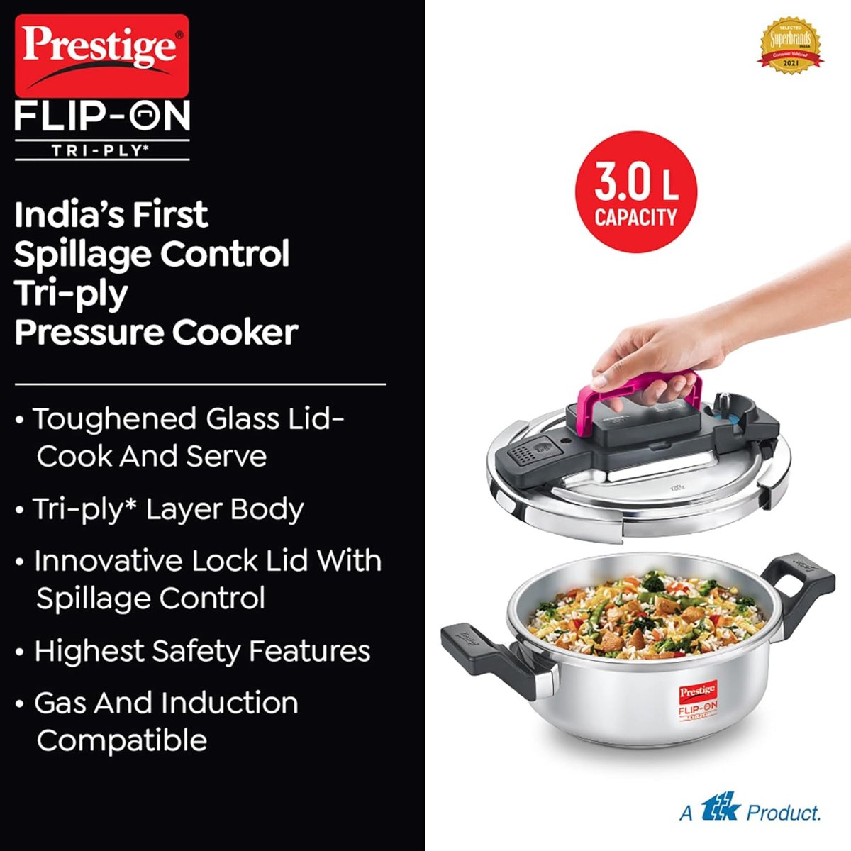 Prestige FLIP-ON TRI-PLY Stainless Steel 3L Pressure Cooker with Glass Lid