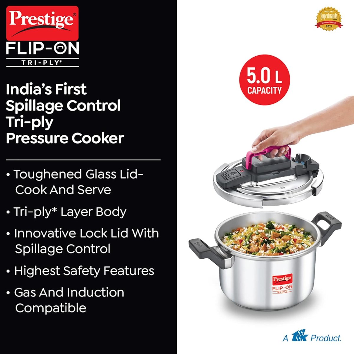 Prestige FLIP-ON TRI-PLY Stainless Steel 5L Pressure Cooker with Glass Lid