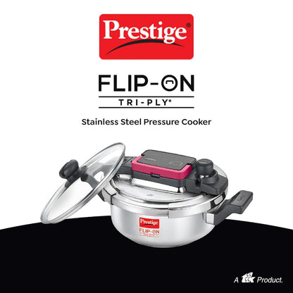 Prestige FLIP-ON TRI-PLY Stainless Steel 2L Pressure Cooker with Glass Lid