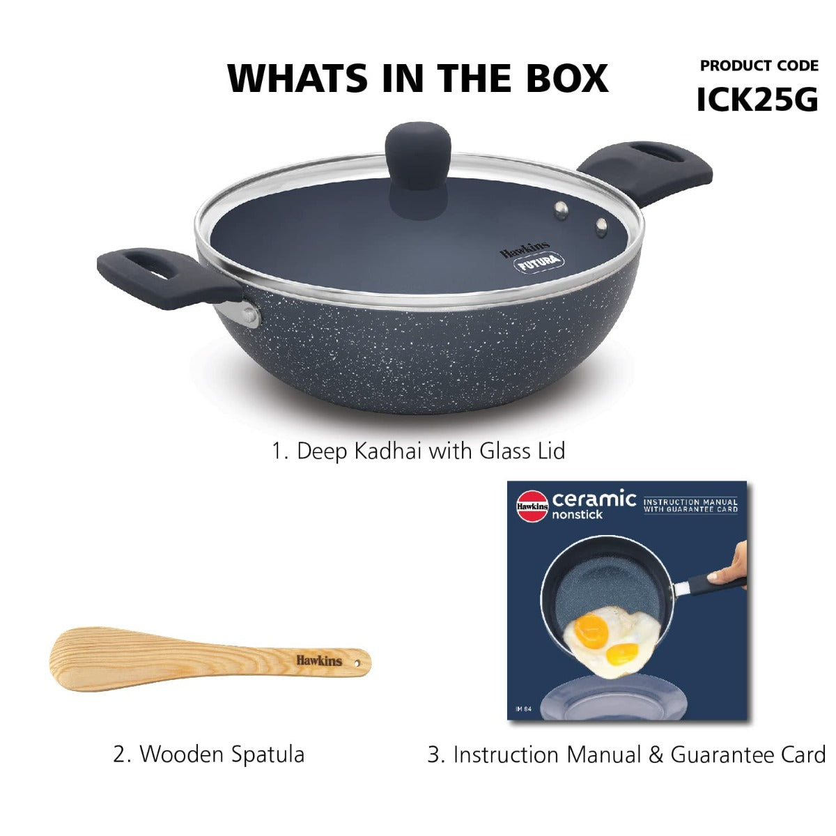 Hawkins Ceramic Nonstick Deep Kadhai with Glass Lid | Induction Compatible