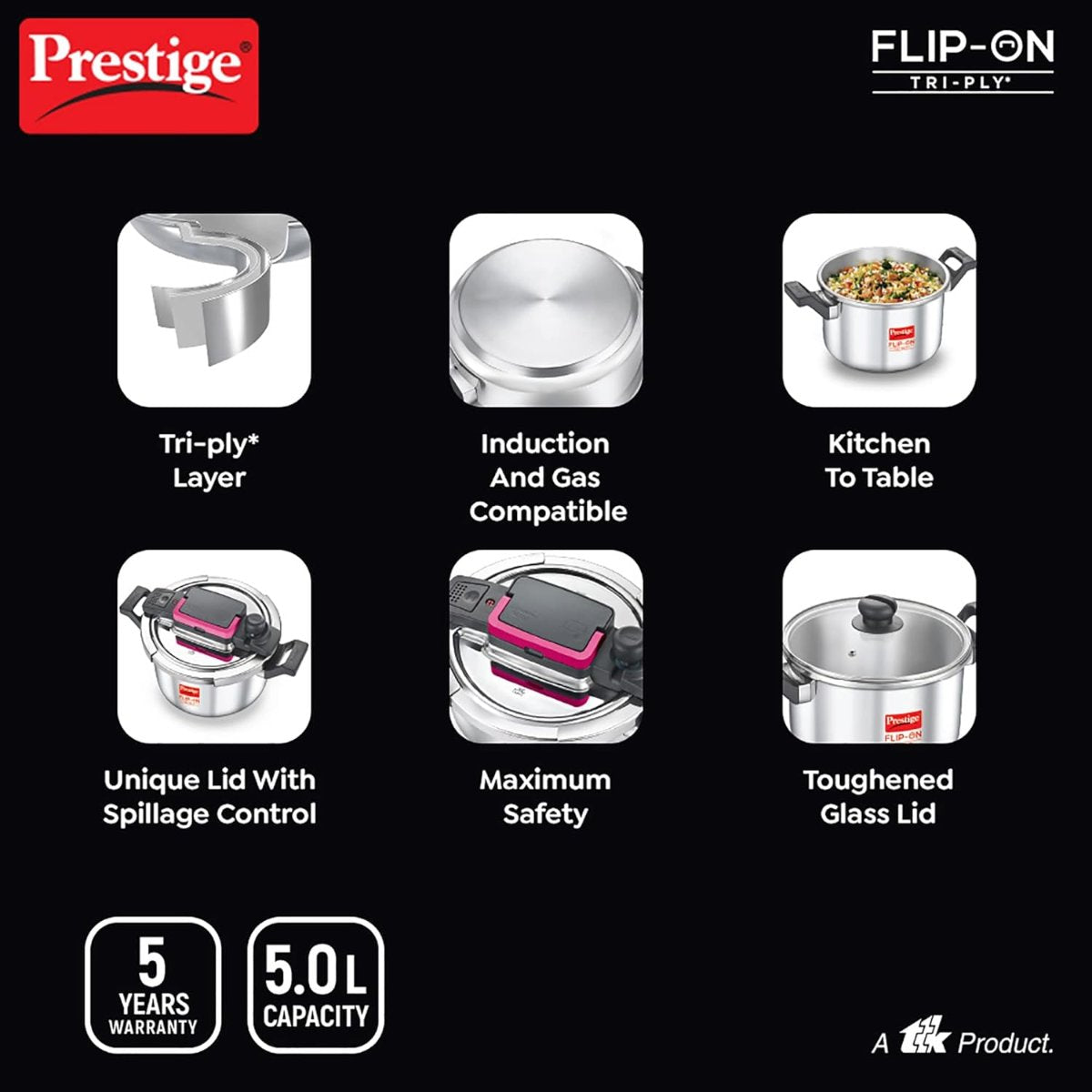 Prestige FLIP-ON TRI-PLY Stainless Steel 5L Pressure Cooker with Glass Lid