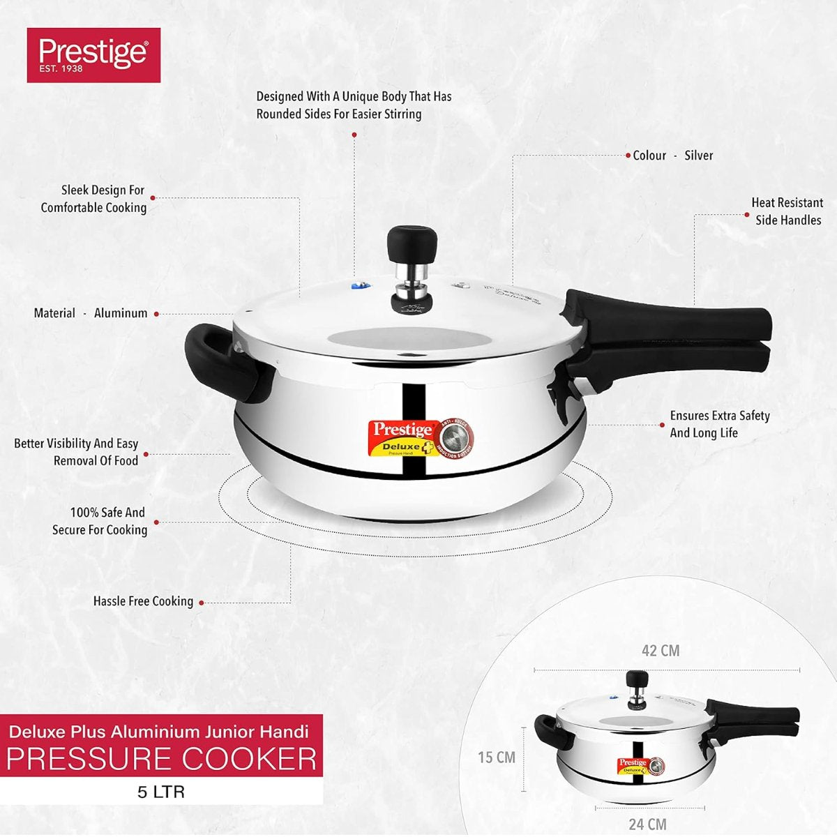 Prestige Deluxe Plus Aluminum 5L Junior Handi Pressure Cooker, Outer Lid - 10794