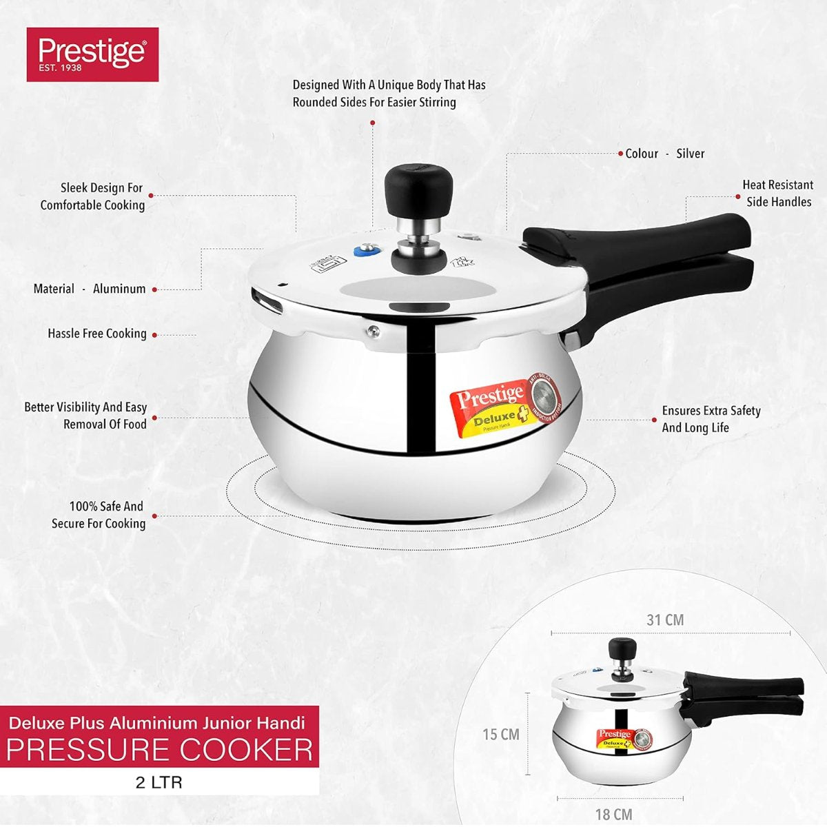 Prestige Deluxe Plus Aluminum 2L Baby Handi Pressure Cooker, Outer Lid - 10711