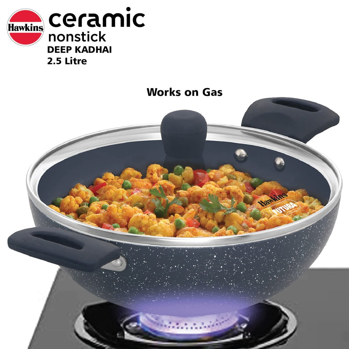 Hawkins Ceramic Nonstick Deep Kadhai with Glass Lid | Induction Compatible