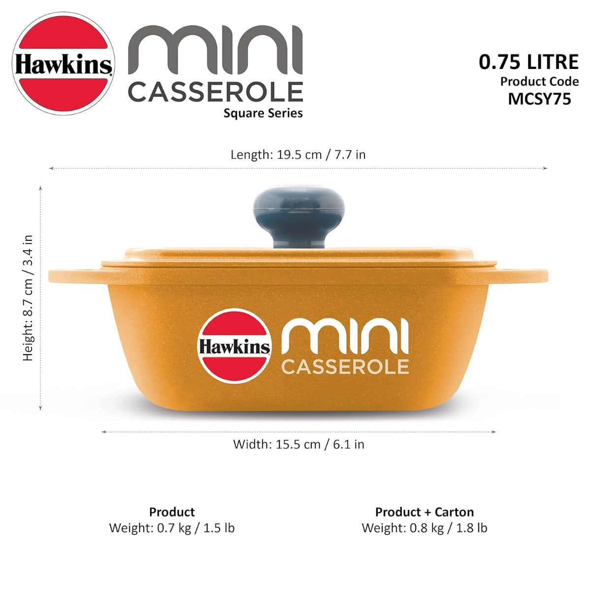 Hawkins 0.75 Litre Mini Casserole with Lid, Square Series