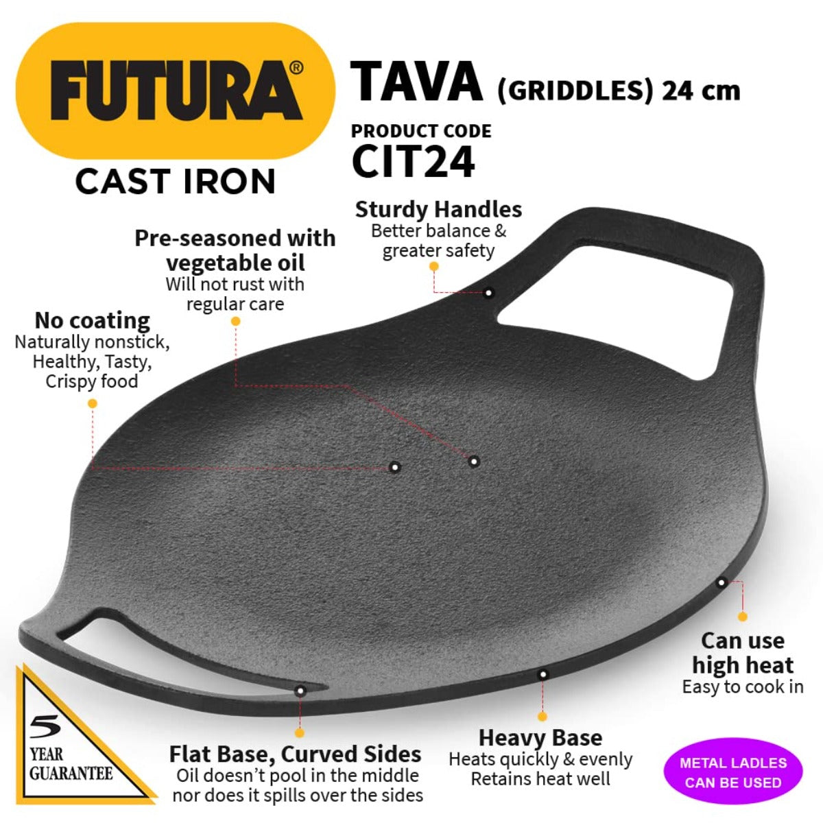 Futura 24 cm Cast Iron Tava/Tawa by Hawkins