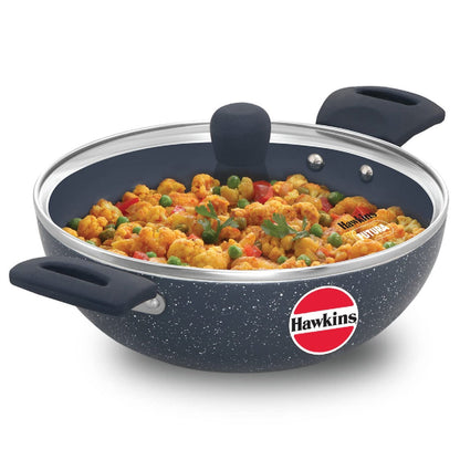 Hawkins Ceramic Nonstick Deep Kadhai with Glass Lid | Induction Compatible