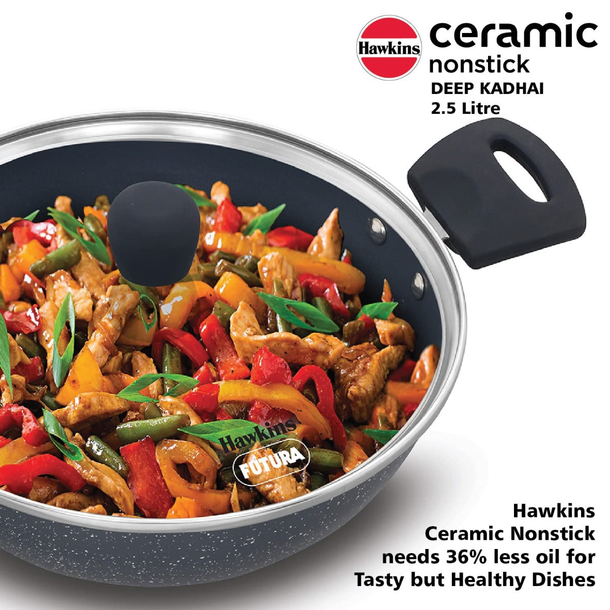 Hawkins Ceramic Nonstick Deep Kadhai with Glass Lid | Induction Compatible